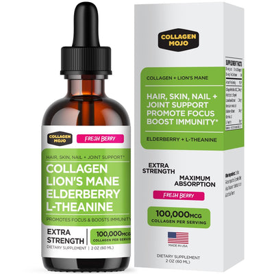 Liquid Collagen Peptides with Lion'S Mane Mushroom, Elderberry & L-Theanine – High Potency/Absorption Formula. Hair, Skin, Nail + Joint Support. Promote Focus & Boost Immunity –  - 2 Oz.