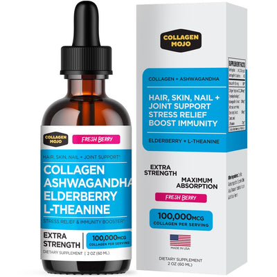 Liquid Collagen Peptides with Ashwagandha, Elderberry & L-Theanine. High Potency and Absorption Formula. Hair, Skin, Nail + Joint Support. Stress Relief & Immunity Booster –  - 2 Oz.